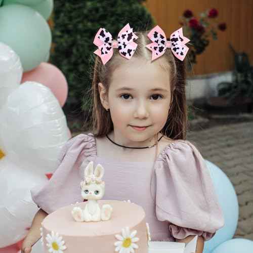 2 Pcs Pink Cow Hair Bow Clips, 4.3 Inch Animal Print Ribbon Bowknot Alligator Barrettes, Cute Print Hairpins Bows Barrettes for Cowgirls Theme Birthday Party Dress Outfit Costume Decor Accessories