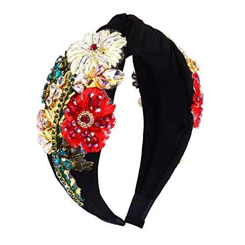 ZITULRY Rhinestone Headband For Women Statement Crystal Knotted Turban Hairband Handmade Beaded Embroidered Flower Hair Hoop Elastic Fancy Wide Hair Accessories for Girls Jewelry Gift, Black