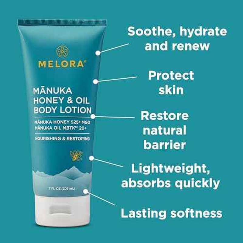 MELORA Manuka Honey Body Lotion (7oz), Moisturizing Lotion with Soothing Manuka Honey & Oil for Dry, Very Dry, Sensitive, or Aging Skin ? Cream Moisturizer for Women & Men
