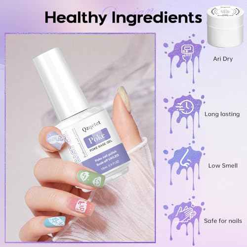 Poke Gel Nail Polish Set with Professional Base Coat- Nail Art Painting Gel for Flowers, Letters & Wave Designs-Lace Drawing Gel with Wooden Nail Stick and Buffer