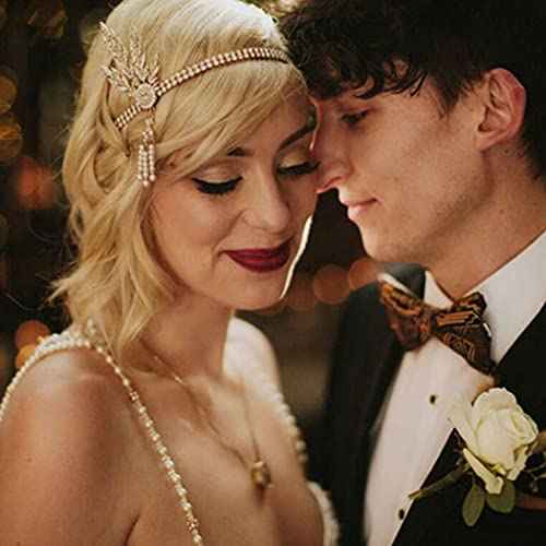 GORTIN 1920's Flapper Headband Leaf Rhiestones Headpiece Pearl Tassel Headdress Bride Wedding Head Bands Bridal Flapper Hair Accessories Head Chain for Women and Girls (Gold)