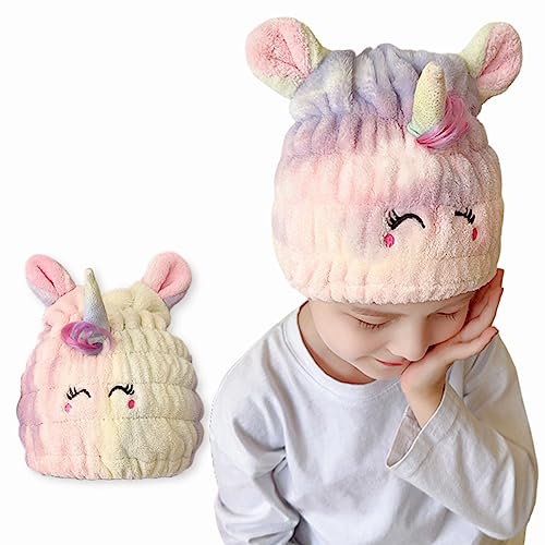 Microfiber Hair Towel Wrap for Kids, Unicorn Dry Hair Cap Suck Water, Absorbent Quick Girls Boys Hair Drying Towel, Lightweight Bouncy Hat Headscarf for Wet Hair