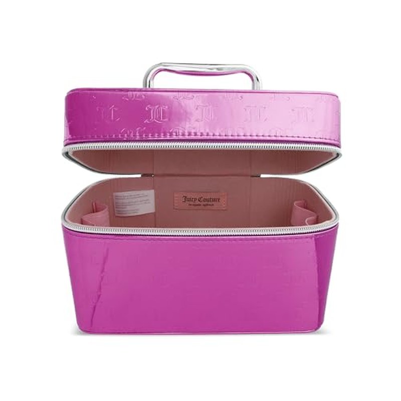 Juicy Couture Hot Pink Makeup Bag Cosmetics Organizer Travel Essentials Train Case Shiny Logo