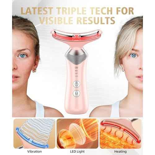 9-in-1 Red-Light-Therapy-for-Face-and-Neck, Portable Facial Massager Tool with Adjustable Vibration & Thermals for Wrinkles, Double Chin, Pink