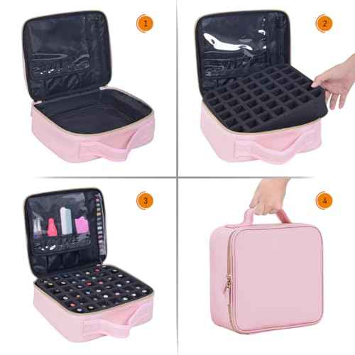 Nail Polish Organizer Case - PU Leather Portable Cosmetic Bag Hold 42 Bottles (15 ml/0.51 floz) with Removable Partition (Pink)