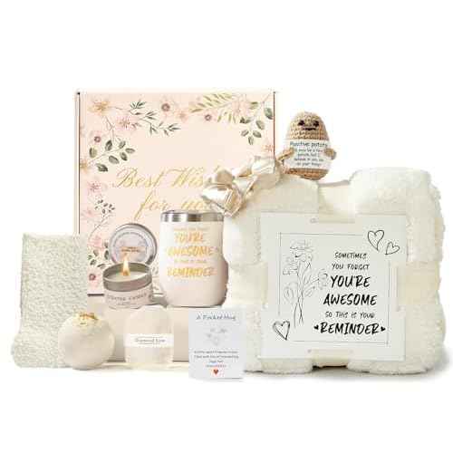 Self Care Gift Basket for Women, Luxury Spa Gift Basket with Blanket, Vanilla Coconut Self Care Set, Friendship Birthday Box for Mom, Sister, Wife, Best Friend, Coworker(White)