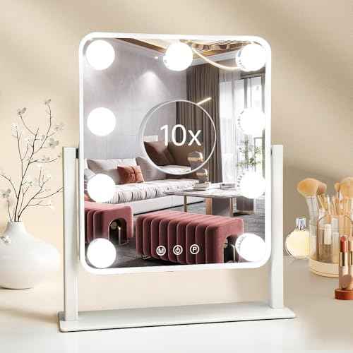 Hollywood Vanity Mirror with Lights,Tabletop Makeup Mirror with 9 LED Lights Smart Touch Control 3 Colors Light 360¡ÆRotation Detachable 10X Magnification