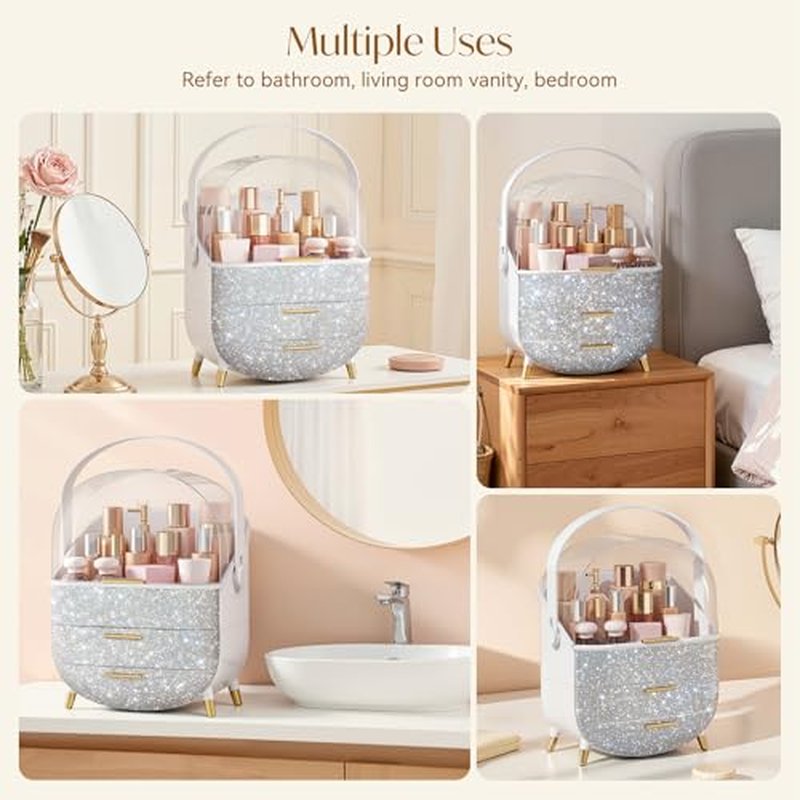 Bling Makeup Organizers, Cosmetic Display Case with Clear Cover, Vanity Makeup Organizers for Lipstick Perfume Lotion and Skincare, Silver Diamond