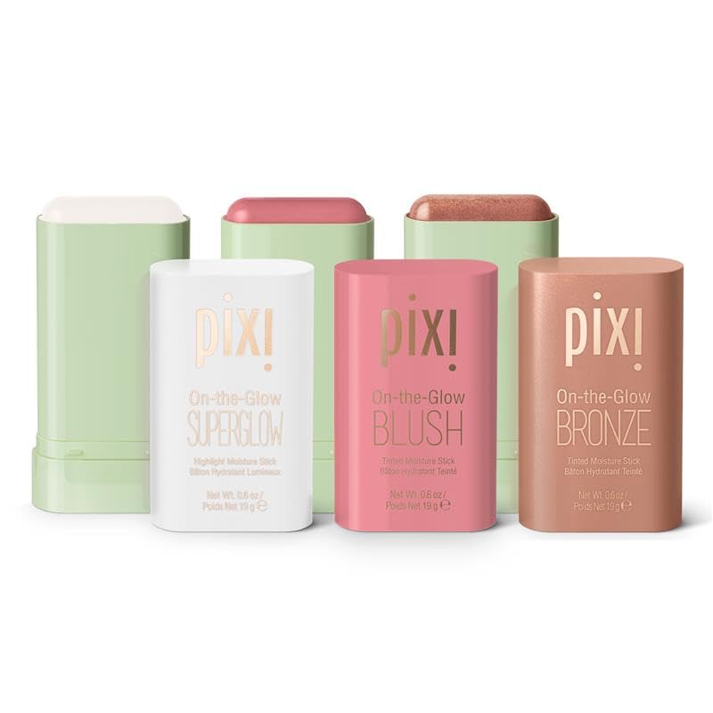 Pixi Beauty Radiance Ready On-the-Glow Trio - Hydrating Tinted Moisture Stick Blush, Bronzer & Highlighter Set | Travel Size, Vegan