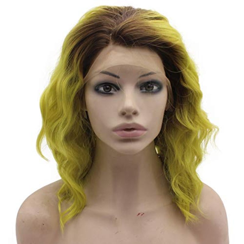 MX angel Shoulder Length Ombre Yellow Heat Friendly Synthetic Lace Front Wavy Wig