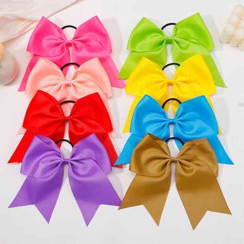 WillingTee 20Pcs 8" Large Cheer Bows for Girls Ponytail Holder Grosgrain Ribbon Cheerleading Bows Elastic Hair Tie Bands for Baby Girls School Colleage Teens Senior Cheerleader