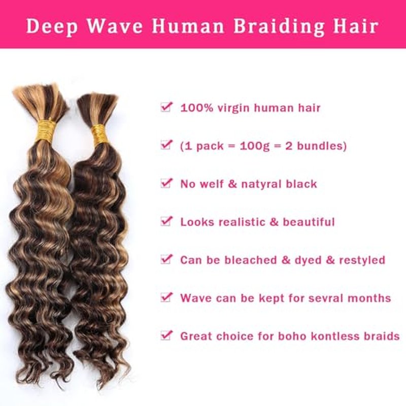 Deep Wave Human Braiding Hair for Boho Braids Highligth Bulk Human Hair for Braiding Brazilian Wet and Wavy Curly Human Hair Braiding Hair Extensions No Weft Bundles for Braiding 20inch 2 Bundles 100g