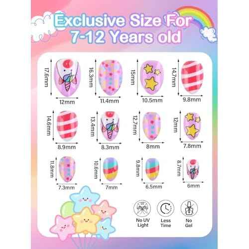 EBANKU Kid Press on Nails, 72Pcs Almond Fake Nails Kit Full Cover Colorful Cute Patterns Design Acrylic Nails with Nail Glue for Girl Halloween Party