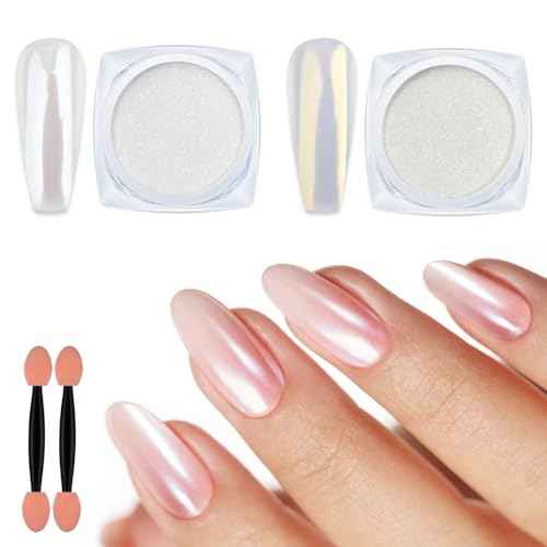 Artdone 2 Jars Chrome Nail Powder White and Gold Pearl,Iridescent Aurora Powder Metallic Mirror Effect Pigment Pearlescent Mermaid Pearl Glitter Dust Kit (White and Gold)
