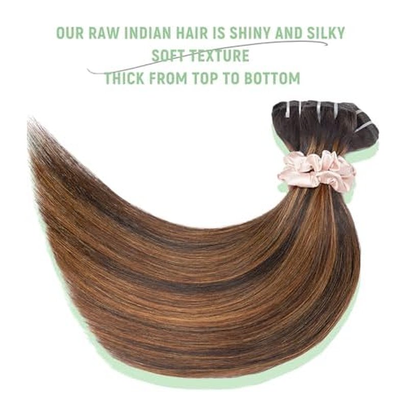 mlip Raw Bundles Human Hair Straight, No Tangle Shedding, Keep Texture Silky Soft After Multiple Washes, 15A Raw Indian Hair Bundles 12 Inches, Brown Highlight Bundles