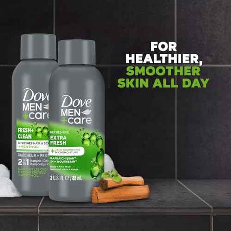 Dove Men+Care Travel Essentials Bundle ??Extra Fresh Body & Face Wash & Fresh + Clean 2-in-1 Shampoo, 3 Oz Ea