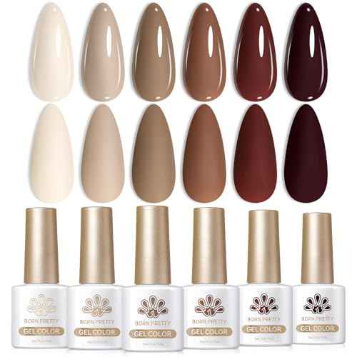 Born Pretty Gel Nail Polish 6 Colos,Nude Brown Skin Tone,Roasted Chestnuts Chocolate Gel Polish Collection Neutral Beige Khaki Gel Polish Kit All Seasons Nail Art Manicure DIY for Home Salon