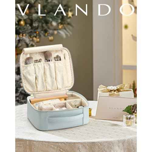 Vlando Makeup Bag, Travel Makeup Bags,Large Portable Make Up Bag Organzier with Dividers and Handle Gifts for Women Girls,Traveler,Christmas,Wedding Blue
