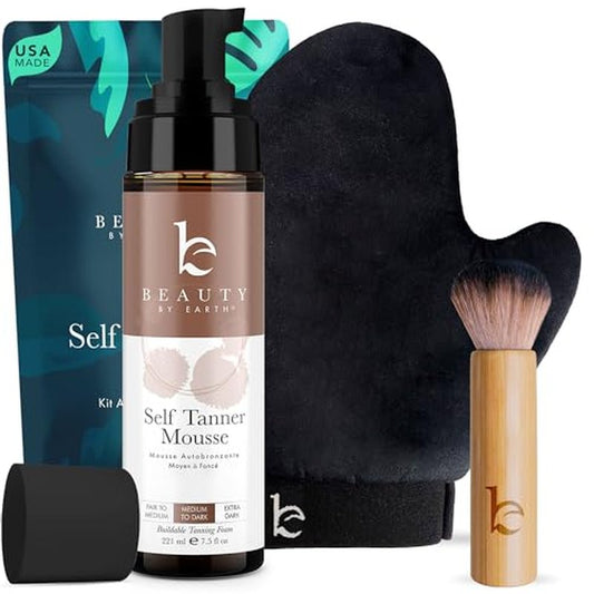 Self Tanner Tanning Mousse Kit - USA Made with Natural & Organic Ingredients, Tan Kit with Kabuki Brush & Mitt, Tanning Foam for Fake Tan, Non Toxic Sunless Tanner, Self Tanners Best Sellers