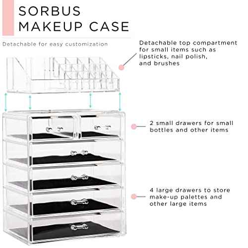 Sorbus Acrylic Makeup Organizer Set, 6-Drawer Vanity & Countertop Cosmetic Storage with Small & Wide Compartments, Clear Makeup Storage for Brushes, Lipsticks, Jewelry ? Holiday Gift for Women & Teens