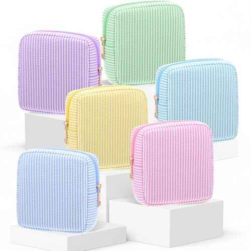 Sanwuta 6 Pcs Seersucker Cosmetic Bag Bulk Pinstripe Makeup Bag for Women Aesthetic Cute Travel Toiletry Organizer Preppy Storage Pouch for Wedding Bridesmaid Christmas Gift(Small,Pastel Color)