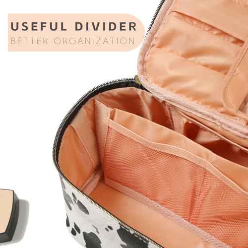 Personalized Monogram Makeup Bag with Dividers - Cow Print Travel Toiletry Organizer for Women | Waterproof Cosmetic Pouch with Brush Holder & Handle (9.8x6.7x5.1in)