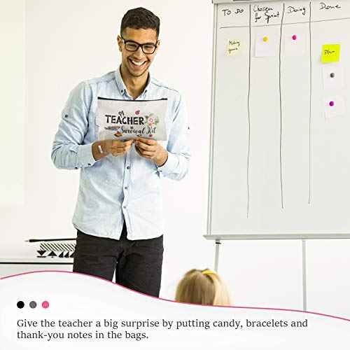 Weewooday 12 Pcs Teacher Appreciation Present Set 6 Teacher Survival Kit Bag Makeup Pouch Pencil Bag, 6 Blessing Card Bracelet Kit(9 x 5.9 Inch,Cute Style)