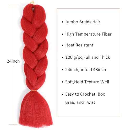 Herina Red Braiding Hair Fake Braids In Hair Extensions 3pcs Red Hair Extensions Heat Resistant Jumbo Braiding Hair For Women(3pc/pack)
