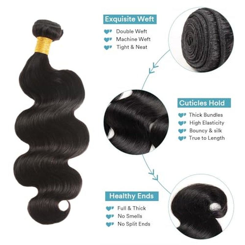 Body Wave Human Hair Bundles - Brazilian 2 Bundles for Black Women, 20 22 Inch, 10A Grade 100% Unprocessed Extensions, Natural Black