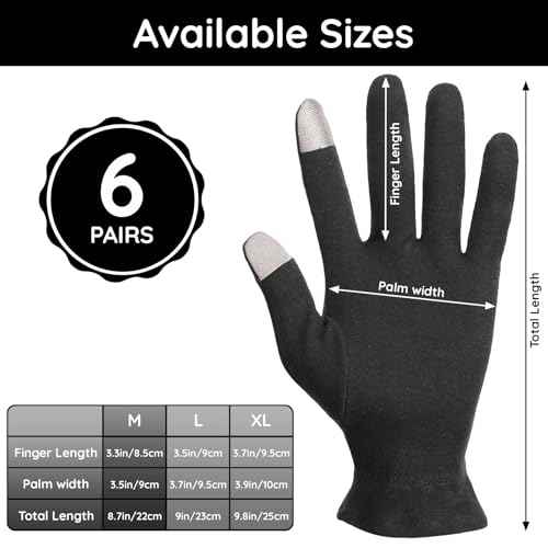 Segbeauty 12 Counts Touchscreen Black Cotton Gloves Black with Elastic Band, 6 Pair Touch Screen Hand Moisturizing Cotton Gloves for Dry Hands Sleeping Overnignt, Reusable Hand Care Spa Moisture Glove