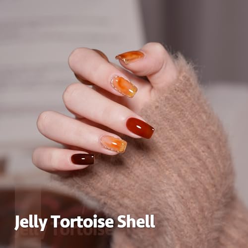 GAOY Jelly Tortoise Brown Gel Nail Polish Set, 6 Transparent Colors Dark Red Orange Pumpkin Soak Off UV Light Cure Gel Polish Kit for Salon and Nail Art DIY at Home