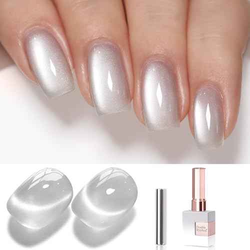 Double Rhythm 0.5 Oz Cat Eye Gel Polish with Magnet Same Color Same Bottle Holographic Glitter Shimmer Translucent Color Salon 15 ML Magnetic Nail Art (Clear Silver-MC1147)