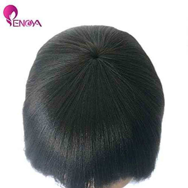 Enoya Bob Wig Human Hair Wear and Go Glueless None Lace Front Wigs with Bangs, Light Yaki Straight Full Machine Made Wig 180% Density Short Bob Wigs for Black Women (10" Color #1)