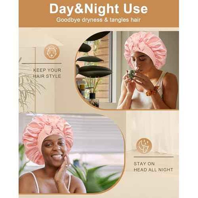 Extra Large Satin Bonnet for Sleeping Jumbo Silk Bonnet Double Layer Hair Bonnet for Women with Elastic Tie Band Sleep Bonnet Hair Wrap for Braids Curly Hair(Apricot Powder+Champagne)