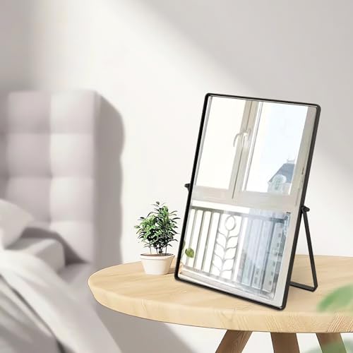 Desktop Makeup Mirror with Black Metal Standing 90¡Æ Rotation Vanity Table Mirror Portable Cosmetic Mirror for Dressing Room Bedroom Bathroom Rectangle