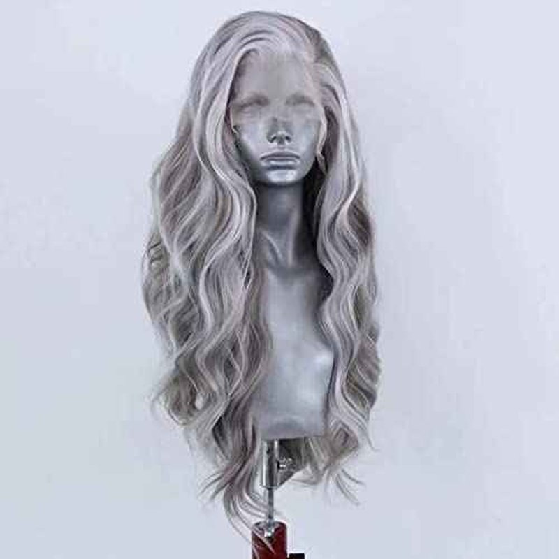 RONGDUOYI 24Inch Grey Mixed White Natural Wave Wig for Women Highlight Lace Front Wig with Natural Hairline Free Part Synthetic Daily Wear Wig