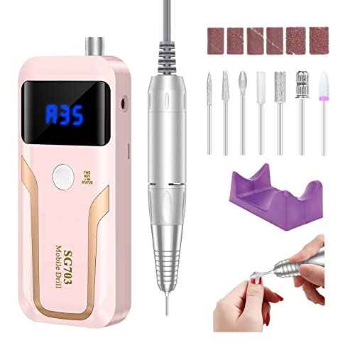 Portable Nail Drill Professional 35000 RPM, MOCOWIND Rechargeable Electric Nail File Machine E File for Acrylic Gel Polishing Removing, Cordless E-File with Bits Kit for Manicure Salon Home, Pink