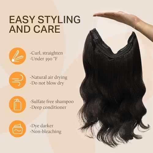 DOORES Wire Hair Extensions 18 Inch 95g Remy Human Wire Hair Extensions Invisible Transparent Line Adjustable Hairpieces Secret Extensions Straight Hair Dark Brown