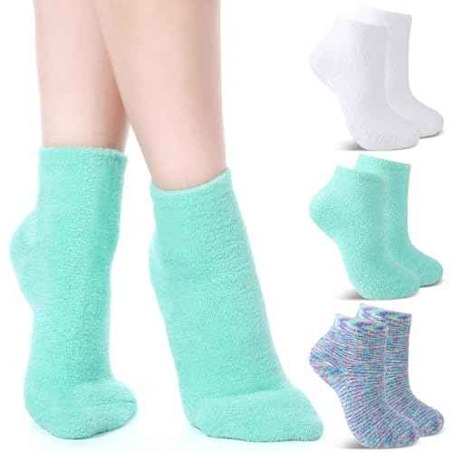 Tarpop 3 Pairs Aloe Socks Women Moisturizing Spa Socks for Dry Cracked Heel Feet Infused Gel Sleeping Fuzzy Lotion Valentines Day Gift for Women Men Softening Dry Feet(White, Green, Colorful)