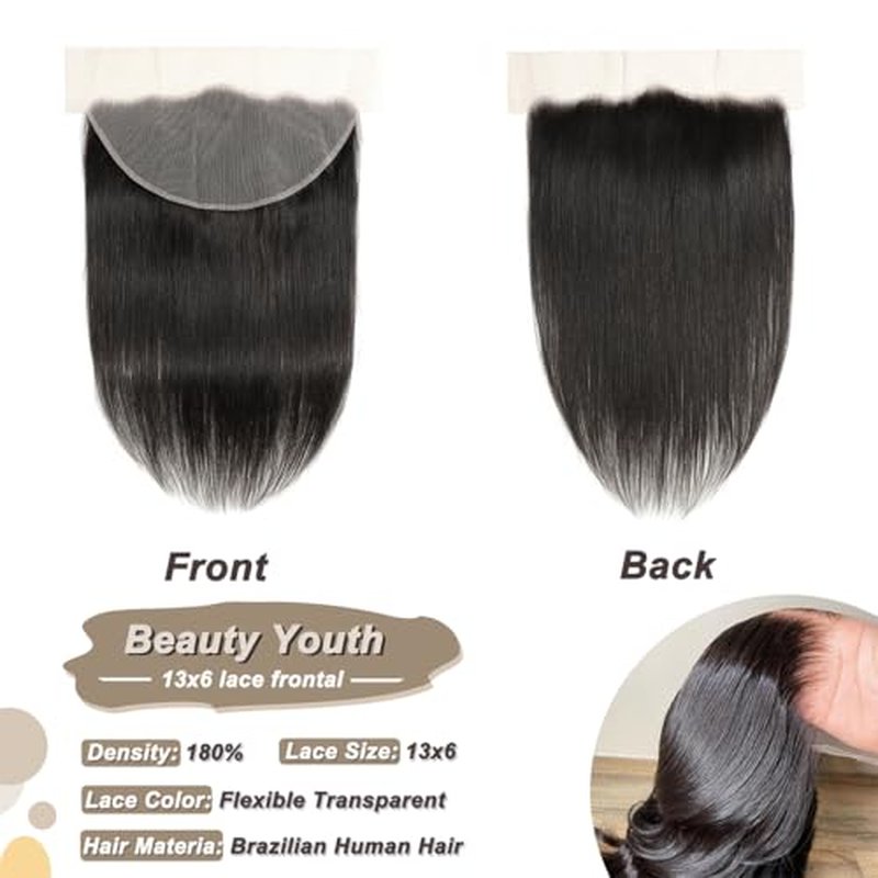 beauty youth 13x6 Lace Frontal with Baby Hair 16inch Transpent HD Transpare Frontal Pre Plucked 12A Lace Closure Free Part Brazilian Virgin Human Hair Lace Frontal with Bangs 180% Density