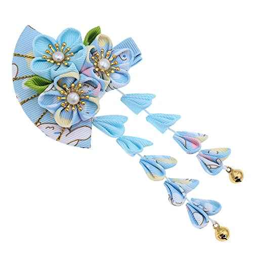 Japanese Style Women Flower Hair Clip Tassel Hair Ornament, Kimono Decor Fabric Hanfu Hairpin Accessories For Christmas Party Costume Gift (Light blue)