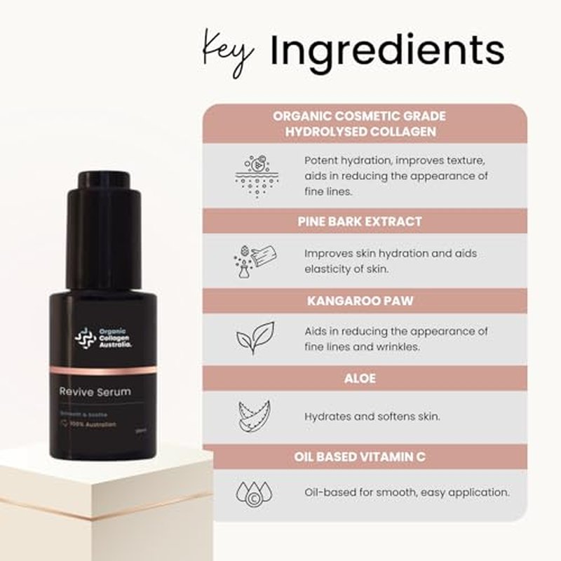 Organic Collagen Australia Revive Serum ? Hydrating Face Serum with Hydrolyzed Collagen, Aloe Vera, Pine Bark Extract & Vitamin C ? Smooths Fine Lines, Nourishes, & Softens Skin (1 oz)