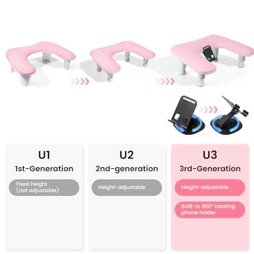 Arm Rest for Nails Tech: 3rd Generation Manicure Nail Arm Rest with Rotating Phone Stand, U-Shaped Height Adjustable Hand Rest Pillow for Acrylic Nails Pink