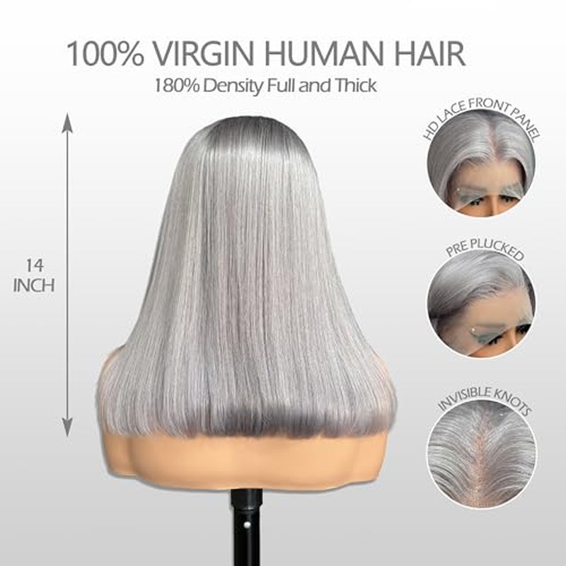Grey Bob Wigs Human Hair 13x4 Lace Front Wigs Glueless Brazilian Remy Hair Straight for Women 8 Inch Pre Plucked Natural Hairline 180% Density Dark Grey HD Lace Frontal Short Bob Wigs