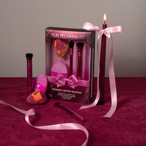 Real Techniques Merry Must-Haves Holiday Gift Set, 4 Piece Brush & Sponge Set for Foundation, Cheeks & Powder, Stocking Stuffer, Gift for Her, Cruelty-Free & Vegan