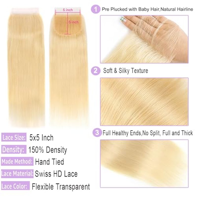 613 Closure Straight Blonde 5x5 HD Lace Closure Human Hair Extensions 12A Brazilian Virgin Remy Free Part 100% Blonde Human Hair Closure Pre Plucked With Baby Hair 14 Inch
