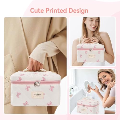 Large Travel Quilted Makeup Bag£¬Cute Bow Cotton cosmetic bag, Fashionable aesthetic makeup bag,Coquette Aesthetic Floral Travel Toiletry Bag for Women and Girls