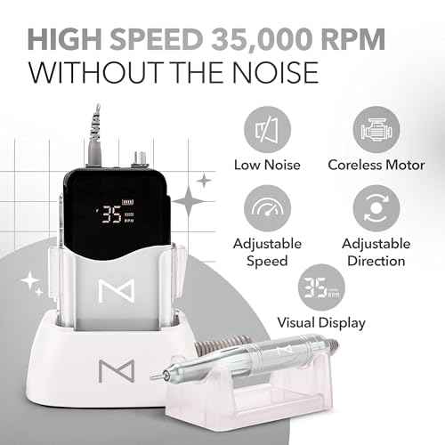 M Mase- Professional Nail Drill Machine - Coreless 2-in-1 Nail File - Electric, Cordless, 35000 RPM, HD Display - Electric Nail Drill for Professional & Home Use (White)