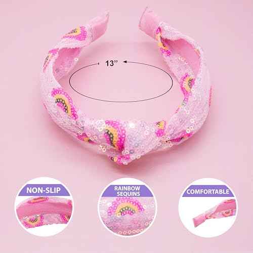 FROG SAC Knot Headband for Girls - Rainbow Sequin Knotted Headbands for Kids, Sparkly Hair Bands for Toddlers, Little Girl Pink Head Band Hair Accessories