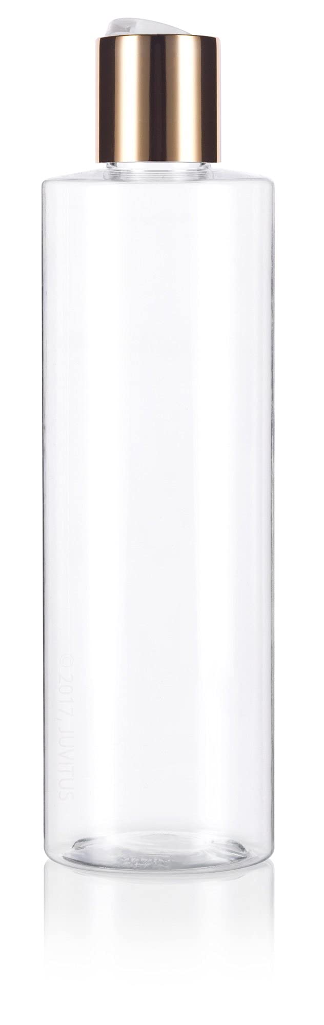 8 oz Clear Professional Cylinder PET Plastic Bottles (BPA Free) with Gold Disc Cap Lid (12 pack)
